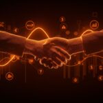 Apretón de manos simbólico entre Capital One y Brex destacando fusión en fintech, pagos y stablecoins con estilo visual naranja y negro de Ecosistema Startup.