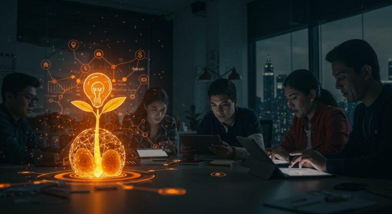 Capital semilla para startups innovadoras en Perú mostrando emprendedores tecnológicos colaborando en un entorno moderno con metáforas visuales de financiamiento y crecimiento tecnológico.