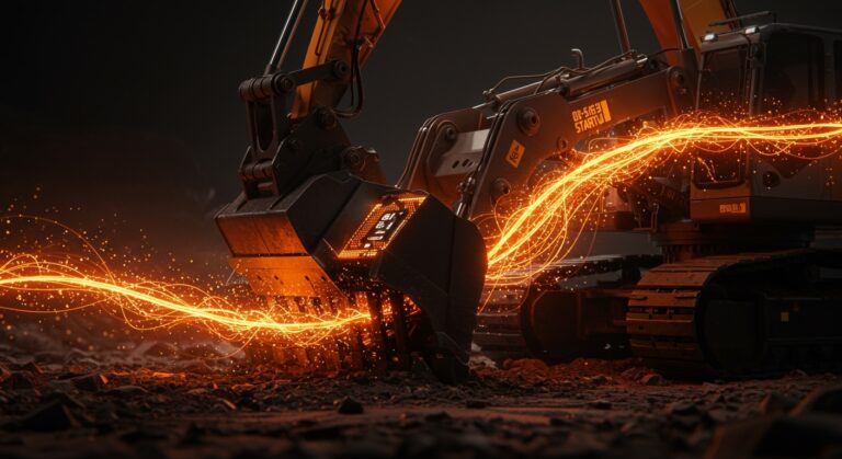 Maquinaria Caterpillar integrada con inteligencia artificial Nvidia optimizando eficiencia y seguridad en construcción.