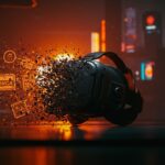 Mod VR de Cyberpunk 2077 retirado por CD Projekt via DMCA con elementos visuales de realidad virtual y control digital.