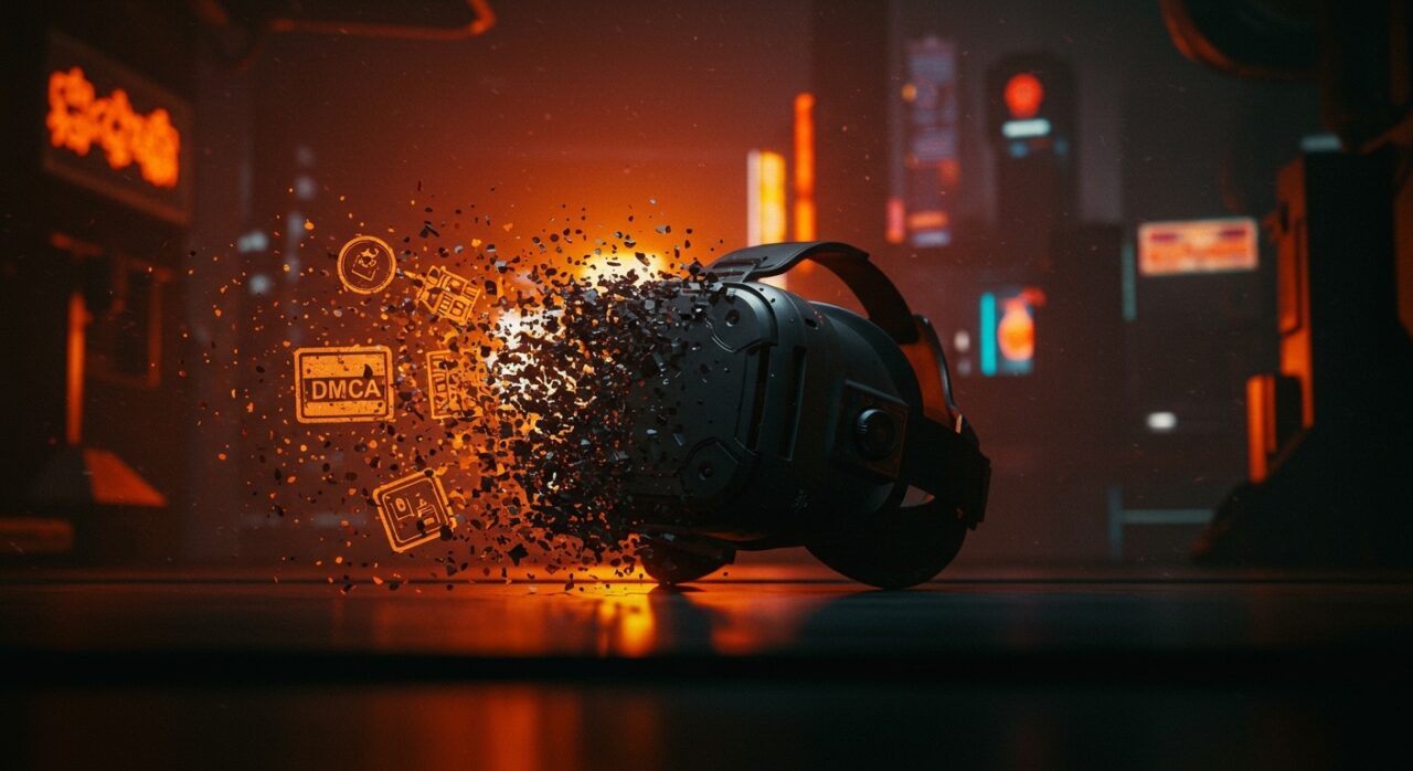 Mod VR de Cyberpunk 2077 retirado por CD Projekt via DMCA con elementos visuales de realidad virtual y control digital.