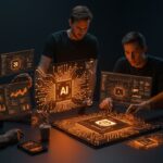 Fundadores tecnológicos analizando chips avanzados e inteligencia artificial en CES 2026, destacando tendencias de Nvidia y AMD.