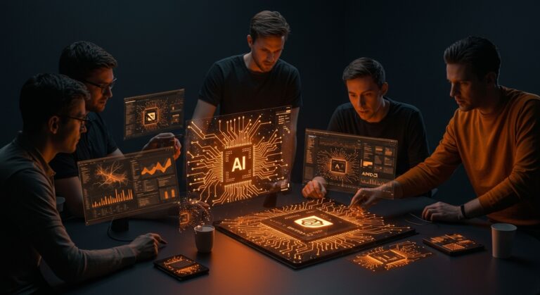 Fundadores tecnológicos analizando chips avanzados e inteligencia artificial en CES 2026, destacando tendencias de Nvidia y AMD.