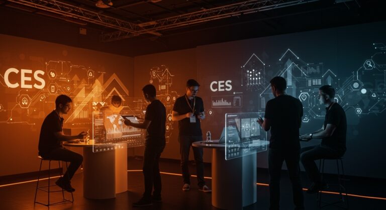 Fundadores de startups tecnológicas colaborando en CES 2026, mostrando tendencias e innovación en tecnología y electrónica de consumo.