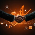 Alianza estratégica fintech entre Chase y Apple Card ilustrada con un apretón de manos corporativo y elementos digitales de innovación financiera.