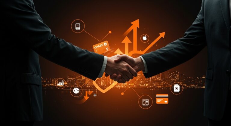 Alianza estratégica fintech entre Chase y Apple Card ilustrada con un apretón de manos corporativo y elementos digitales de innovación financiera.