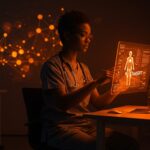 Interfaz digital futurista integrando registros médicos y apps wellness con inteligencia artificial aplicada a la salud en ecosistema startup.