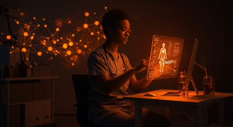 Interfaz digital futurista integrando registros médicos y apps wellness con inteligencia artificial aplicada a la salud en ecosistema startup.