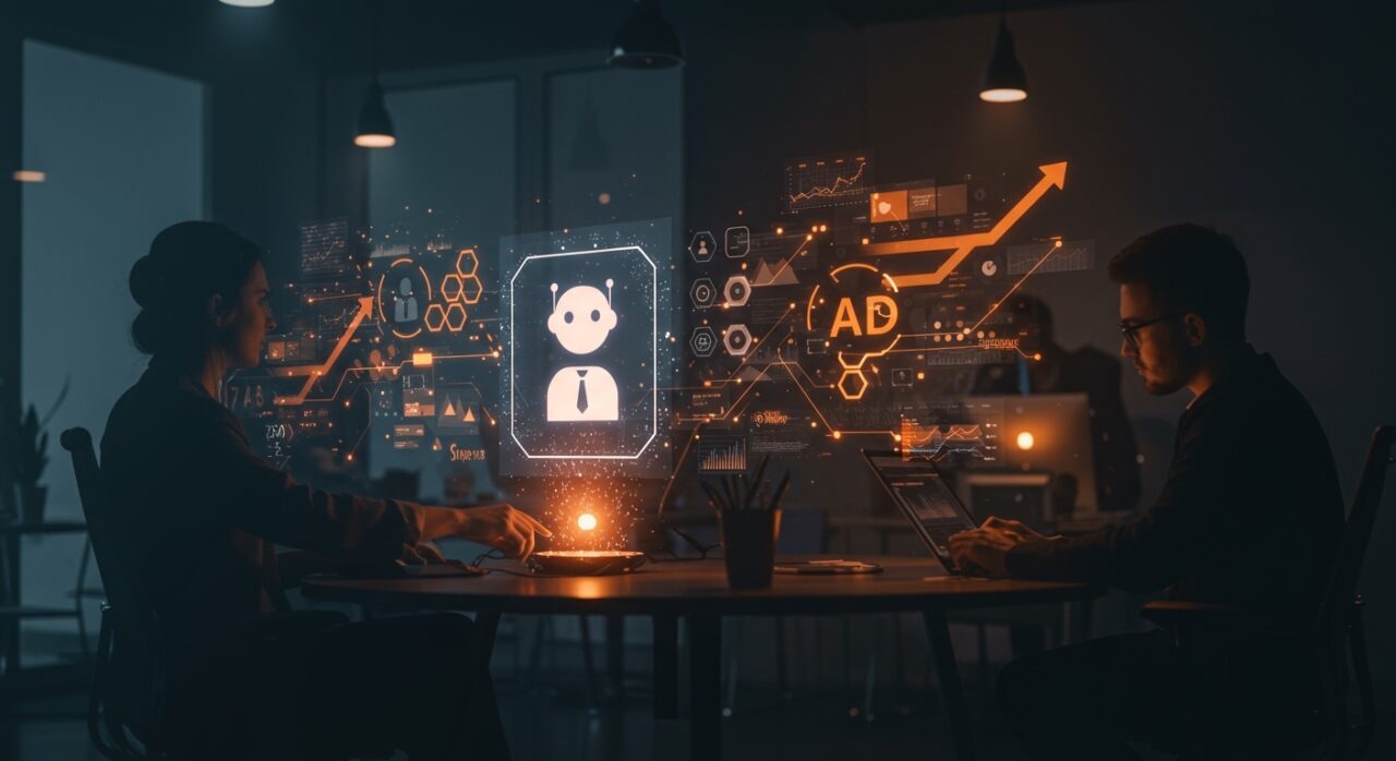 Interfaz holográfica de ChatGPT y publicidad en un espacio de startup mostrando la evolución de modelos de negocio en inteligencia artificial.