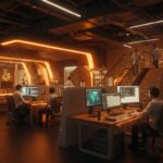 Hub Deep Tech en Chile con emprendedores científicos colaborando en infraestructura avanzada para innovación tecnológica y startups.