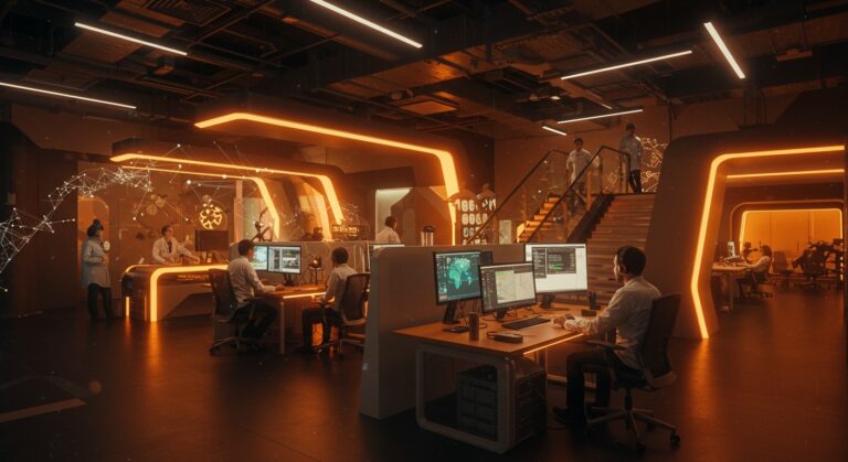 Hub Deep Tech en Chile con emprendedores científicos colaborando en infraestructura avanzada para innovación tecnológica y startups.