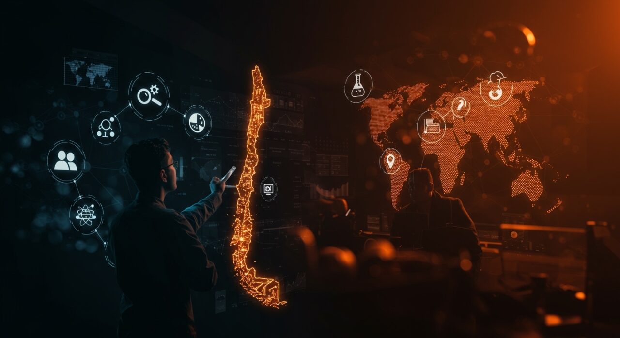 Innovador chileno frente a un mapa digital iluminado que simboliza la importancia de políticas sostenidas en innovación para el ecosistema startup tecnológico en Chile.