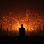 Silueta contemplativa frente a un paisaje digital industrial con elementos chinos y patrones neuronales que simbolizan las limitaciones de China en la revolución industrial de la inteligencia artificial.