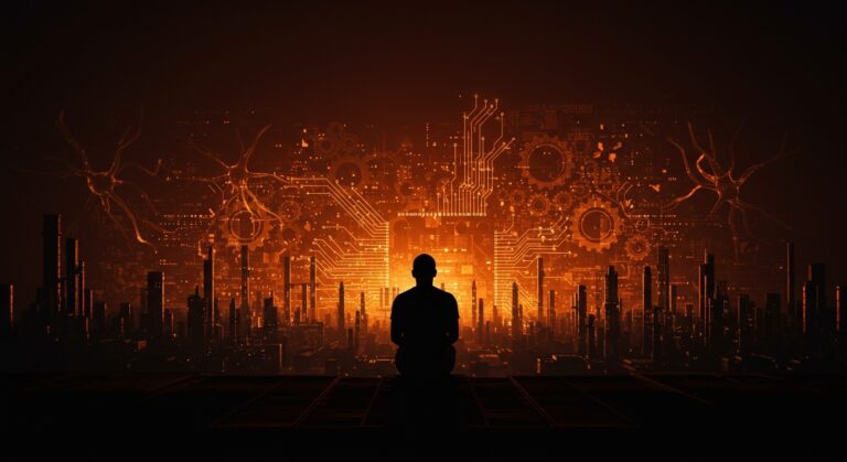 Silueta contemplativa frente a un paisaje digital industrial con elementos chinos y patrones neuronales que simbolizan las limitaciones de China en la revolución industrial de la inteligencia artificial.