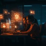 Equipo de startups enfrentando ataques de ciberseguridad en navegadores con elementos visuales que representan riesgos tecnológicos y protección avanzada.