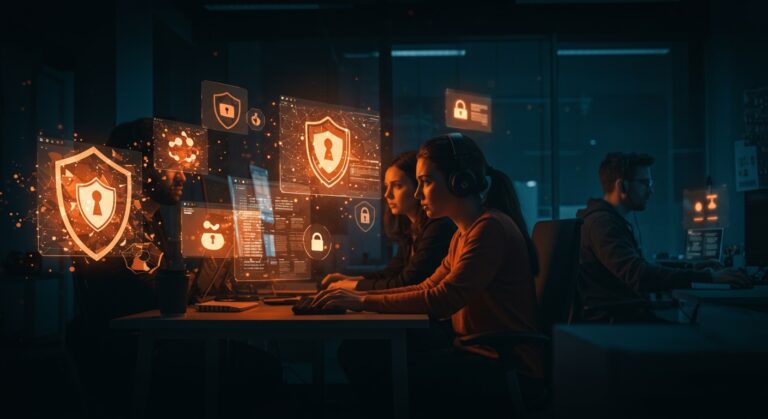 Equipo de startups enfrentando ataques de ciberseguridad en navegadores con elementos visuales que representan riesgos tecnológicos y protección avanzada.