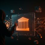 Imagen conceptual de ciberseguridad con hacker y edificio de Corte Suprema, ilustrando protección de datos gubernamentales y riesgos tecnológicos.