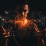 Founder de startup interactuando con interfaz digital futurista sobre ciberseguridad y estafas digitales modernas con IA y manipulación emocional.