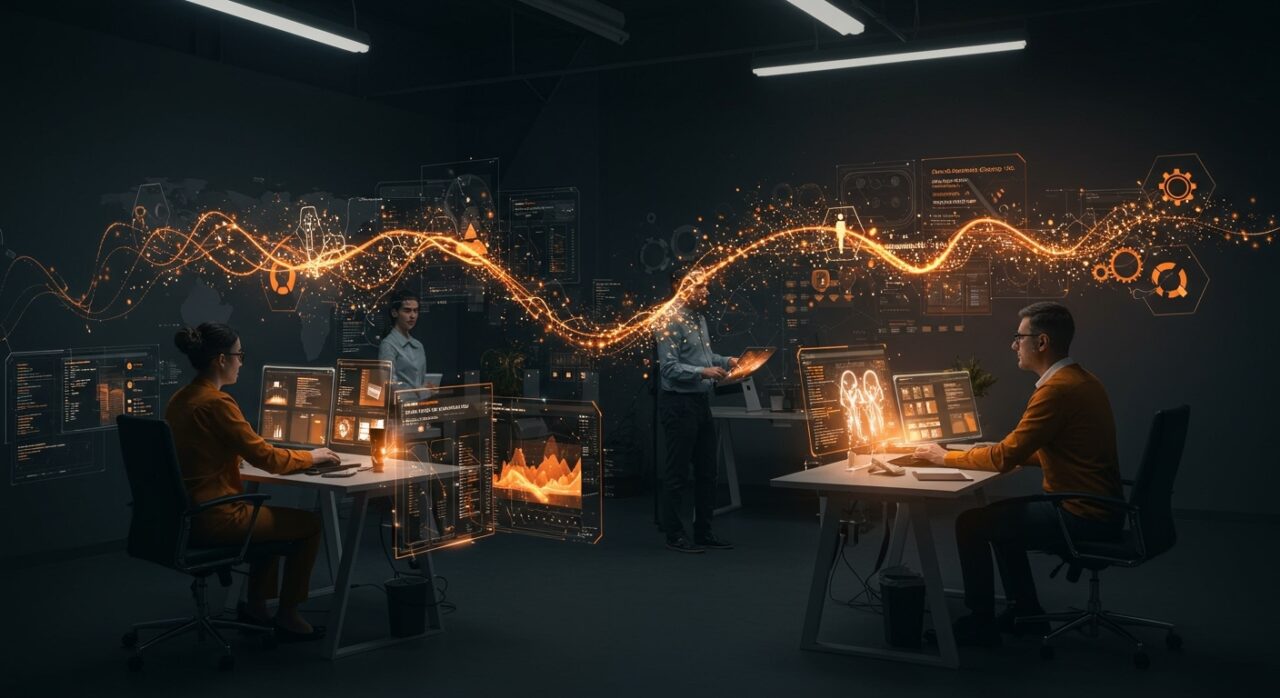 Equipo tecnológico colaborando con interfaces holográficas, visualizando IA aplicada y automatización avanzada con Claude Code 2.1.0.