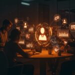 Interfaz digital futurista mostrando gestión de proyectos y agentes IA colaborando en equipos tech y startups con automatización avanzada.