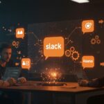 Integración de IA en startups con automatización y colaboración en Slack, Figma y Asana, destacando herramientas colaborativas y workflows inteligentes.