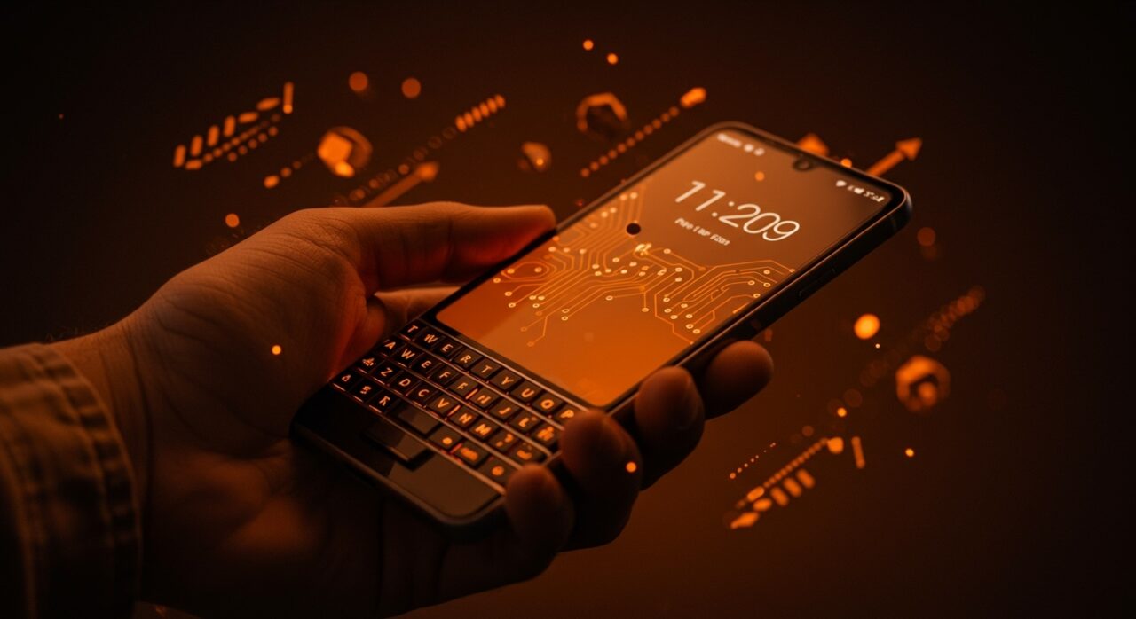 Teclado físico tipo BlackBerry para smartphones destacando innovación en hardware móvil y movilidad en startups.