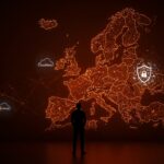 Founder tecnológico frente a un mapa digital de Europa resaltando la soberanía tecnológica y los desafíos regulatorios de Cloudflare en Italia.