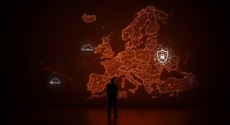 Founder tecnológico frente a un mapa digital de Europa resaltando la soberanía tecnológica y los desafíos regulatorios de Cloudflare en Italia.