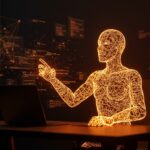 Agente AI tipo Code-Only ejecutando código en un entorno futurista, representando automatización avanzada y programación en startups.