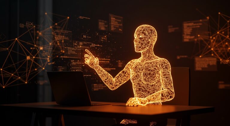 Agente AI tipo Code-Only ejecutando código en un entorno futurista, representando automatización avanzada y programación en startups.