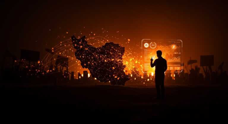 Colapso de Internet en Irán con representación visual de redes digitales y ecosistema startup afrontando crisis tecnológica y de infraestructura.