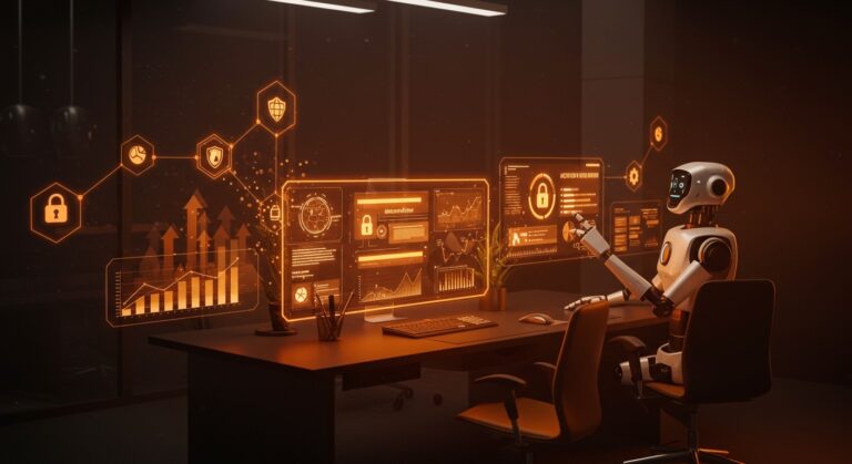 Asistente AI empresarial seguro y escalable con automatización avanzada y gestión de credenciales usando Claude Agent SDK en entorno corporativo futurista.