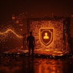 Fundador de startup construyendo un moat defensivo digital con elementos de IA e inversión en un entorno futurista, destacando estrategia y protección en el ecosistema startup.