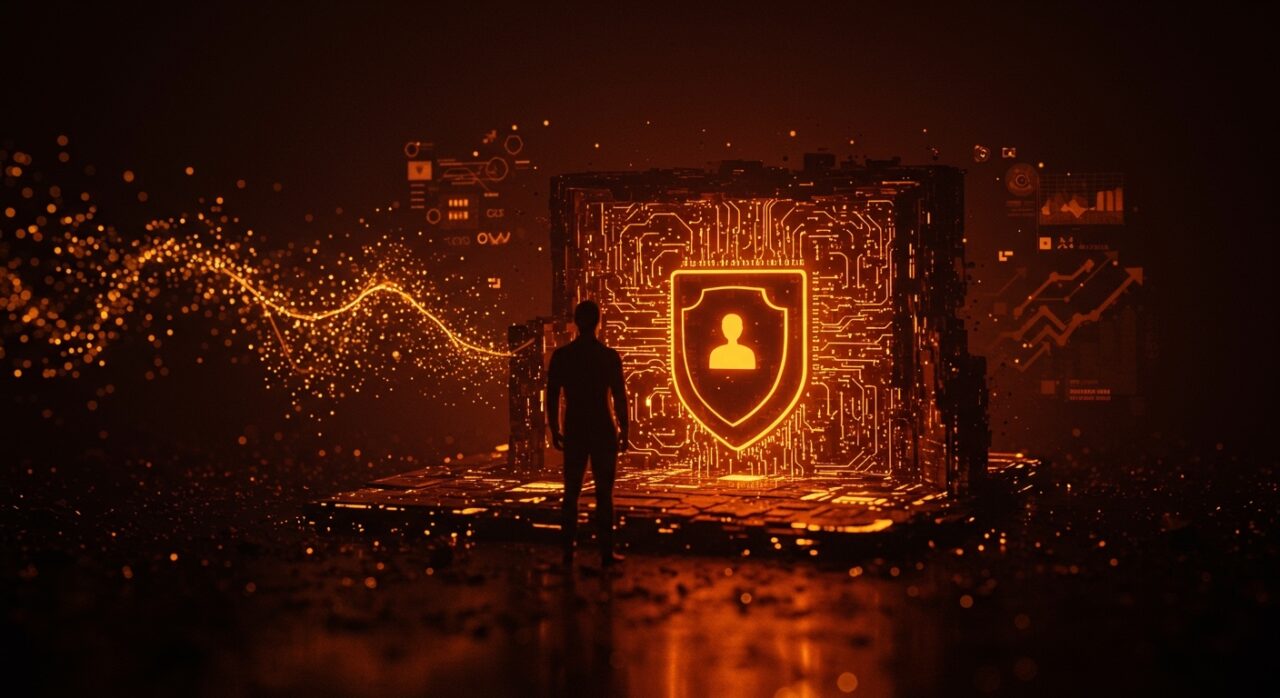 Fundador de startup construyendo un moat defensivo digital con elementos de IA e inversión en un entorno futurista, destacando estrategia y protección en el ecosistema startup.