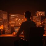 Profesional usando auriculares consumiendo noticias de tecnología de forma controlada para evitar el doomscrolling y mejorar la productividad y el bienestar.