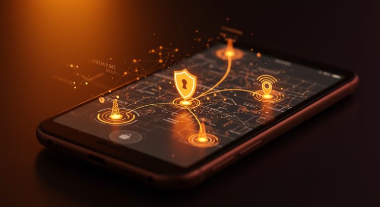 Acceso de operadoras móviles al GPS y bloqueo de privacidad en iOS 26.3 con iconos de seguridad y redes móviles en paleta Ecosistema Startup.