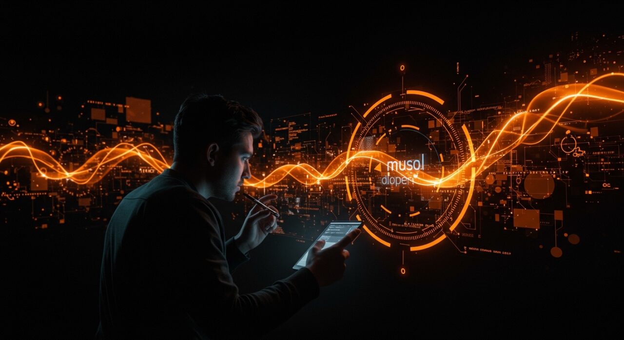 Innovador founder tecnológico frente a una interfaz digital que representa la compatibilidad binaria en Linux con musl, dlopen y software estático.