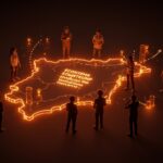 Grupo de emprendedores colaborando con un mapa digital iluminado, representando la federación y el ecosistema startup en la Comunidad Valenciana.