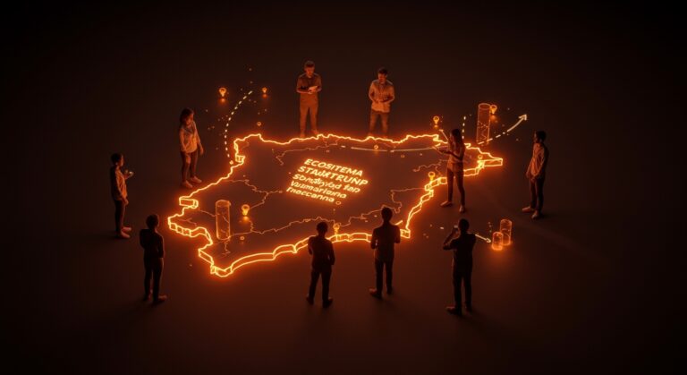 Grupo de emprendedores colaborando con un mapa digital iluminado, representando la federación y el ecosistema startup en la Comunidad Valenciana.