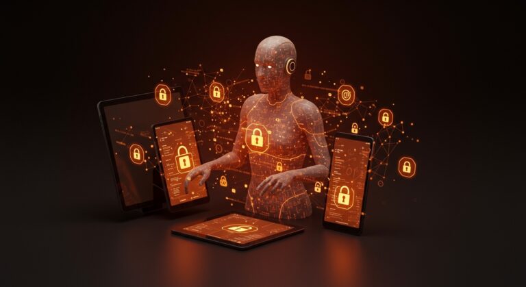 Asistente IA open source con cifrado extremo mostrando sincronización segura entre dispositivos, destacando privacidad y tecnología avanzada.