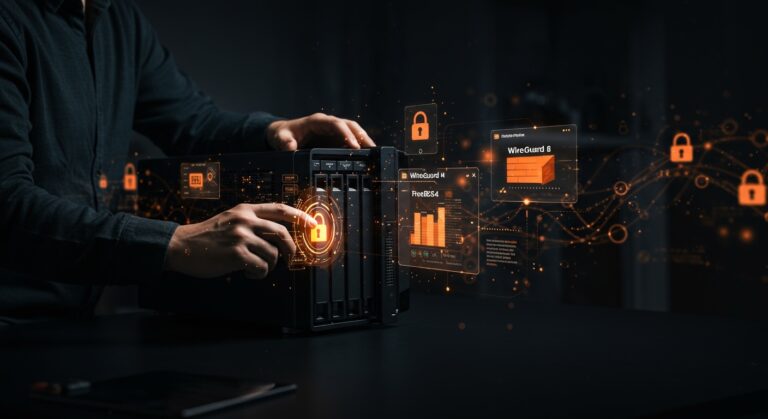Configuración segura de WireGuard VPN y firewall PF en FreeBSD para un NAS con control avanzado de redes y conectividad LAN.