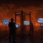 Seguridad y controversia sobre ICE en las Olimpiadas Milán 2026 reflejada en un control moderno con símbolos olímpicos y mapas internacionales.