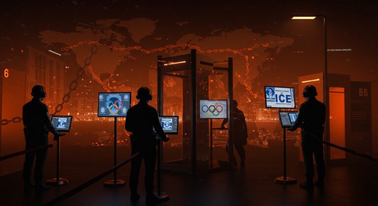 Seguridad y controversia sobre ICE en las Olimpiadas Milán 2026 reflejada en un control moderno con símbolos olímpicos y mapas internacionales.