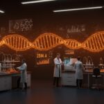 Colaboración de startups en biotecnología e IA aplicada en salud destacando financiación Serie A de Converge Bio en un laboratorio futurista.