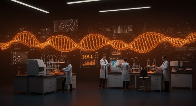 Colaboración de startups en biotecnología e IA aplicada en salud destacando financiación Serie A de Converge Bio en un laboratorio futurista.