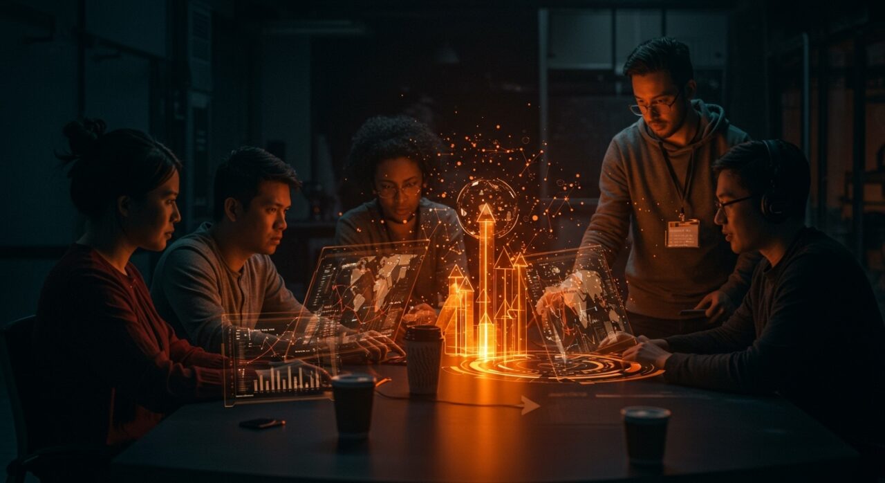 Emprendedores tecnológicos colaborando con mentorías y expansión internacional, destacando la convocatoria ALDEA+ de Innpulsa para startups globales.