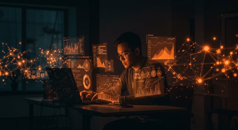 Founding Engineer trabajando en inteligencia artificial para ventas B2B en startup YC, con metáforas visuales de IA y crecimiento.