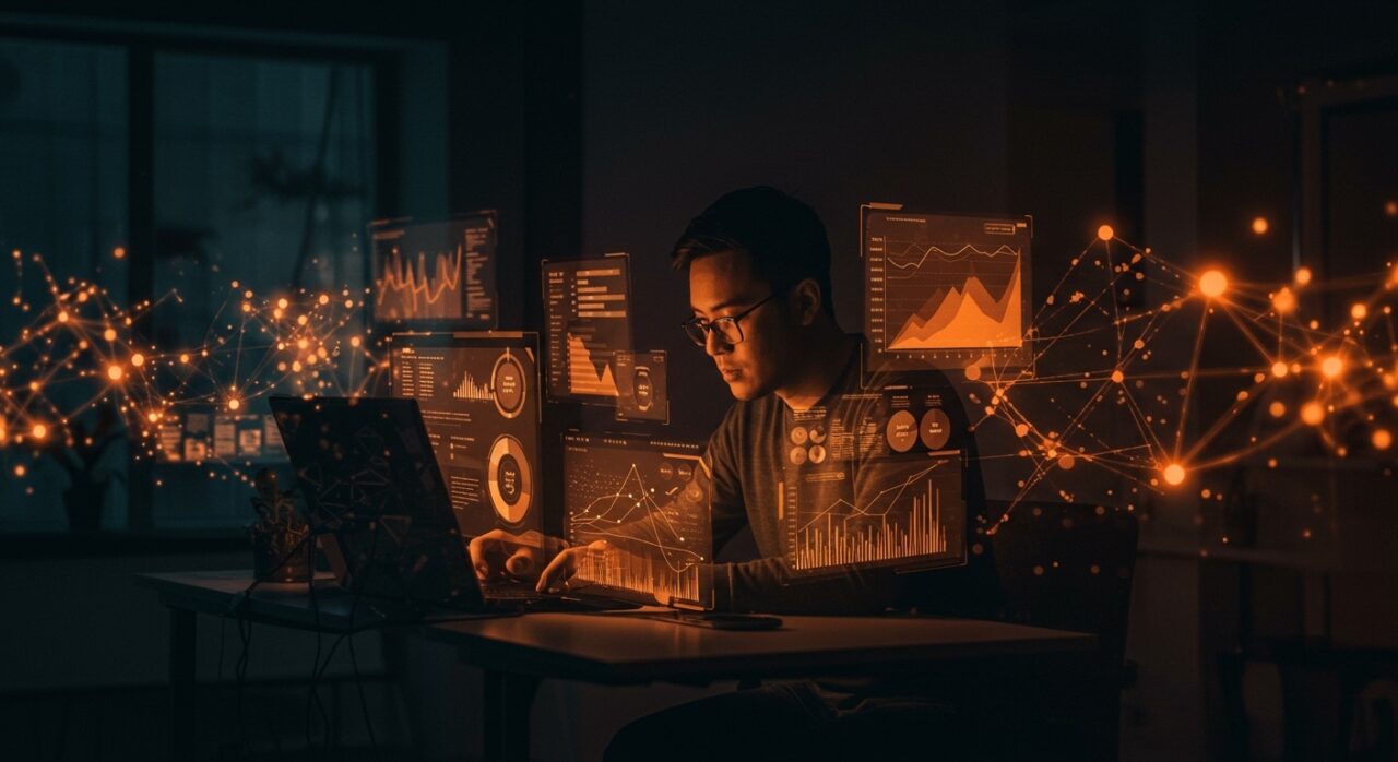 Founding Engineer trabajando en inteligencia artificial para ventas B2B en startup YC, con metáforas visuales de IA y crecimiento.