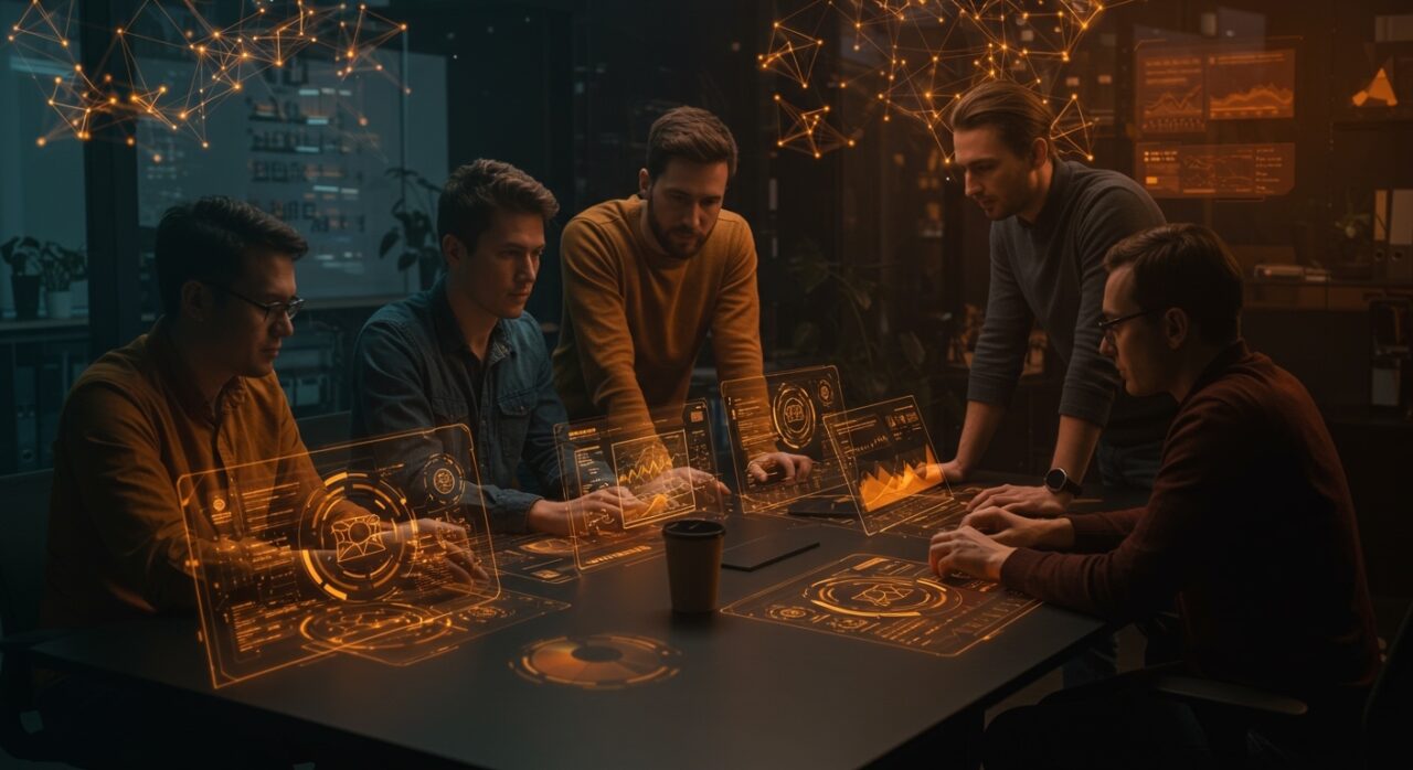 Fundadores tech colaborando con modelos de IA para mejorar la coordinación en startups, destacando la innovación en startups latinas.