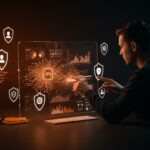 Fundador tecnológico interactuando con interfaz digital de seguro para startups impulsado por inteligencia artificial y financiamiento.